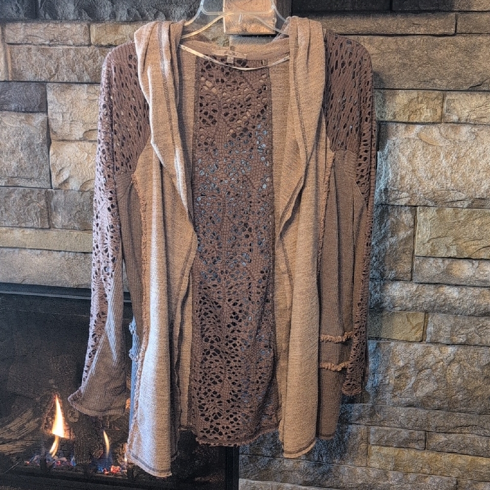 Miss Me Taupe Crochet Open-Front Cardigan Hoodie